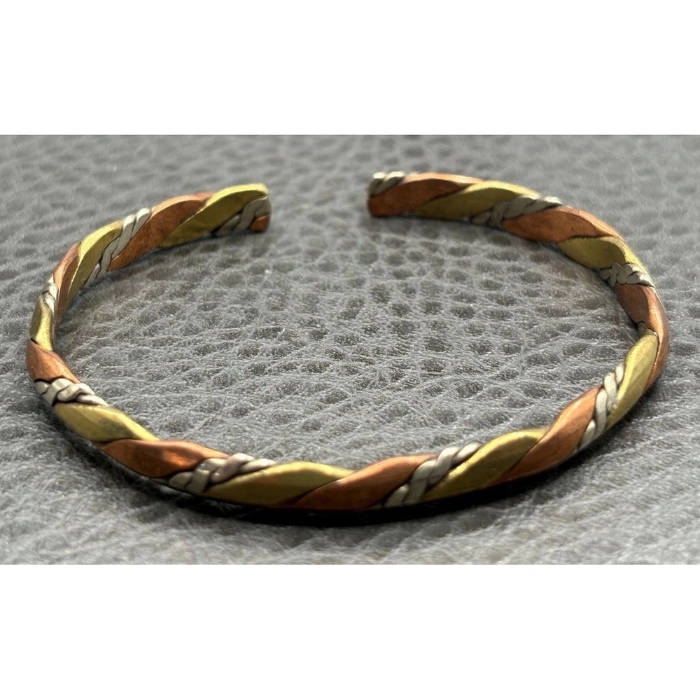 Vintage Boho Mixed Metal Twisted Cuff Bracelet Copper Brass Silver Tone 6 7/8"